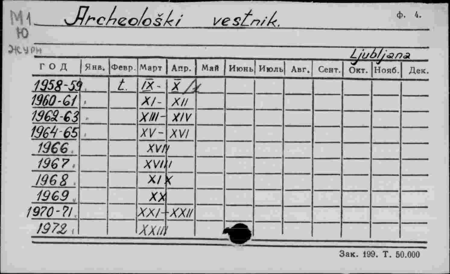 ﻿• 4.	\Jl Г Cri е о/о skf	ve sÊn//<.________________ф~
Ю__________________________________________________
ЗКчрн	Liubf/лпА
ГОД	Янв.	Февр.	Март	Anp.	Май	Июнь	Июль	Авг.	Сент.	Окт.	Нояб.	Дек.
1958-^	і.	Z.	Æ-									
1960-G/	1		Л/-	X//								
1969-63	*		X/!/-	x/v								
Ш-65	f		XV-	XVI								
1966			XVA	/								
1967,			XVh	/								
19 6 8			X/	<								
1969,			XX									
1970-7!			XX/-	■XX//								
1972,			xxA									
Зак. 199. Т. 50.000